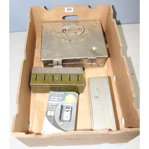 809 - Mixed lot to incl vintage cash safe box, key safe etc