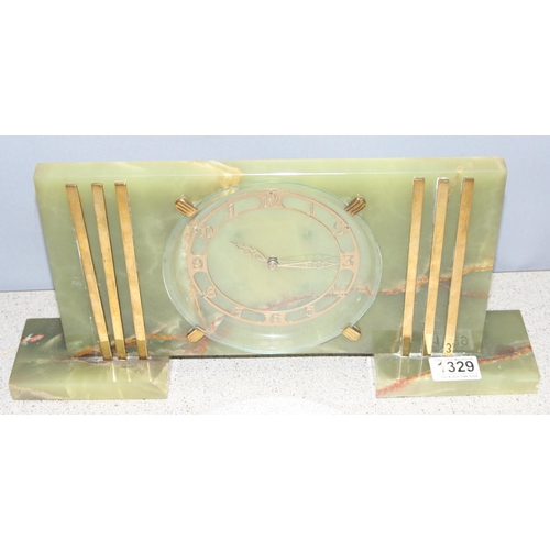 1329 - Art Deco style green onyx mantel clock, approx 42cm x 20cm