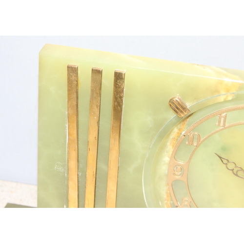 1329 - Art Deco style green onyx mantel clock, approx 42cm x 20cm