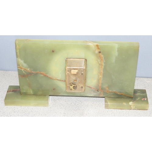 1329 - Art Deco style green onyx mantel clock, approx 42cm x 20cm