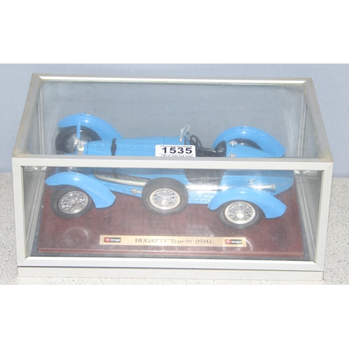 1535 - Burago model of a 1934 Bugatti 'Type 59' in blue, with display case, width of case approx 30cm