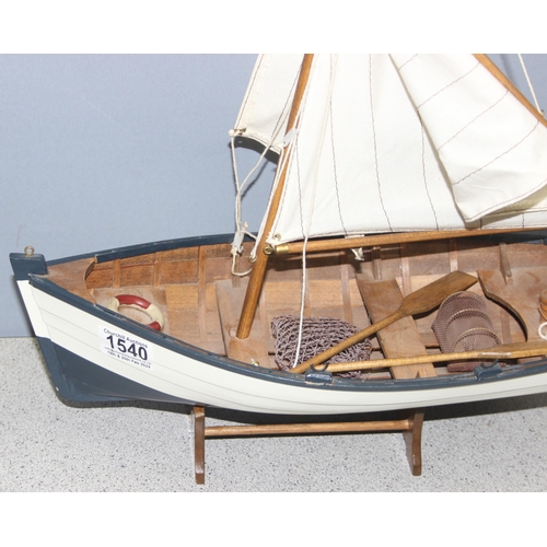 1540 - Wooden model boat with sails, approx 40cm long