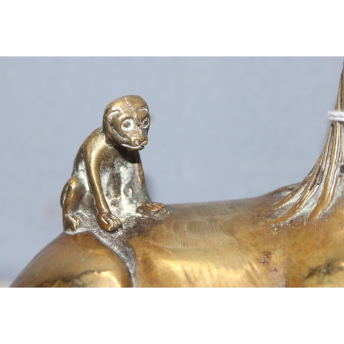 1699D - Brass ornament of a recumbent horse with a monkey resting on its back, approx 12cm W x 9cm H, with C... 