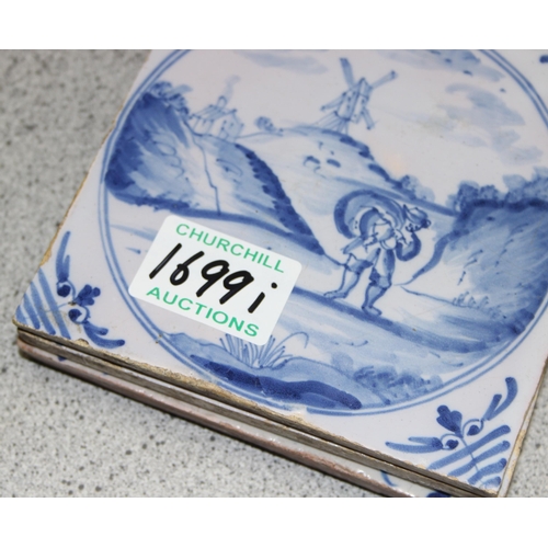 1699I - 3 antique Delft tiles - 2 blue and white and one coloured with Art Nouveau decoration