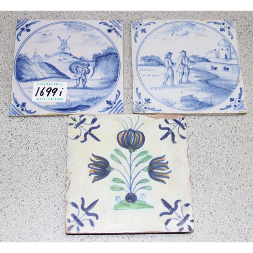 1699I - 3 antique Delft tiles - 2 blue and white and one coloured with Art Nouveau decoration