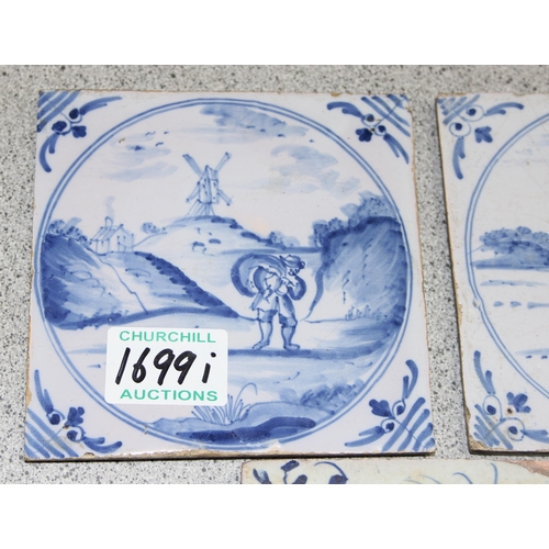 1699I - 3 antique Delft tiles - 2 blue and white and one coloured with Art Nouveau decoration