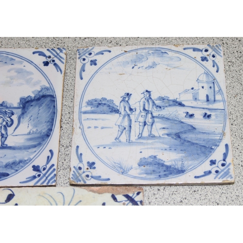 1699I - 3 antique Delft tiles - 2 blue and white and one coloured with Art Nouveau decoration