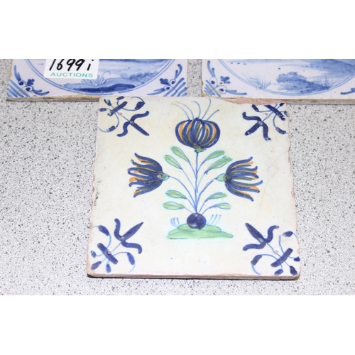 1699I - 3 antique Delft tiles - 2 blue and white and one coloured with Art Nouveau decoration