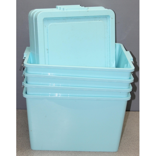 1768 - 4 matching storage boxes with clip on lids, in blue, approx 40 x 27 x 35cm