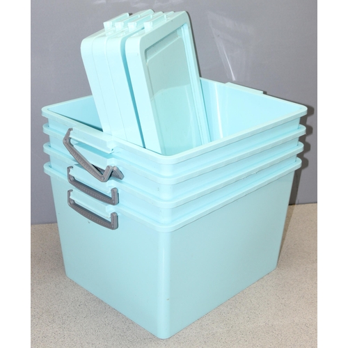 1768 - 4 matching storage boxes with clip on lids, in blue, approx 40 x 27 x 35cm