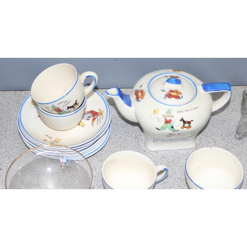 1776 - Mixed lot to incl Babycham glasses, children's tea set, pewter and glass kettle, Murano glass fish a... 