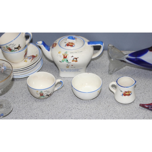 1776 - Mixed lot to incl Babycham glasses, children's tea set, pewter and glass kettle, Murano glass fish a... 