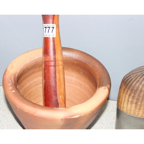 1777 - Pestle & mortar, approx 20cm diam. and a pewter and wicker drinking flask