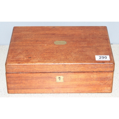 290 - Antique mahogany writing slope with ink bottle, approx 29 x 22 x 10cm