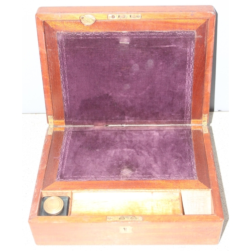 290 - Antique mahogany writing slope with ink bottle, approx 29 x 22 x 10cm