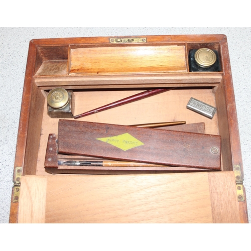 290 - Antique mahogany writing slope with ink bottle, approx 29 x 22 x 10cm