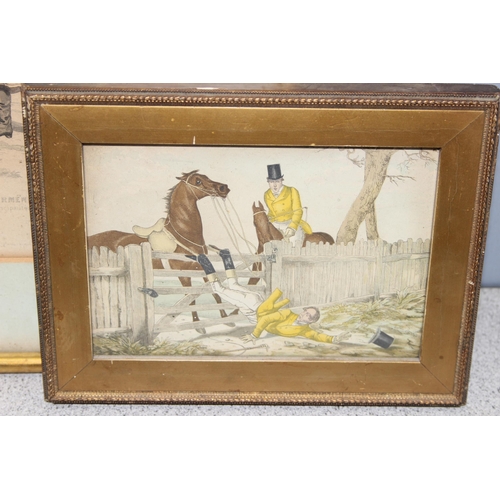 477 - 2 x antique hunting prints with hand-coloured decoration, and 2 French fashion prints, largest appro... 