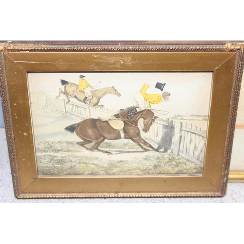 477 - 2 x antique hunting prints with hand-coloured decoration, and 2 French fashion prints, largest appro... 