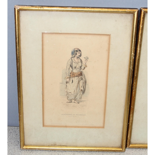 477 - 2 x antique hunting prints with hand-coloured decoration, and 2 French fashion prints, largest appro... 