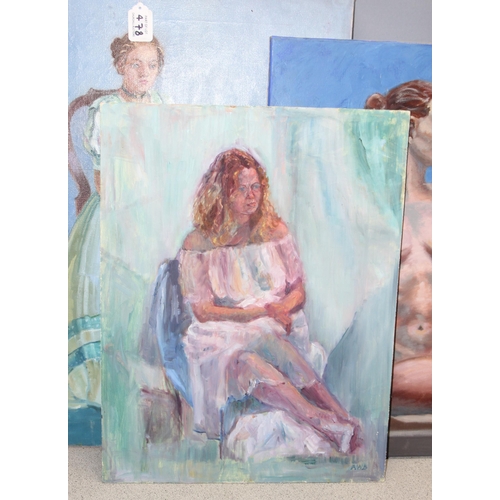 478 - 3 original unframed oil on canvas of females, largest approx 76cm x 61cm