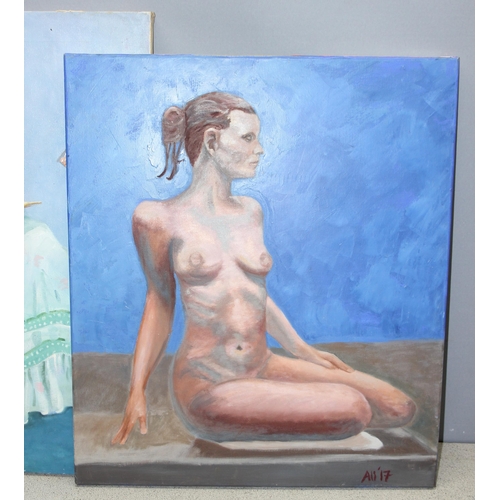 478 - 3 original unframed oil on canvas of females, largest approx 76cm x 61cm