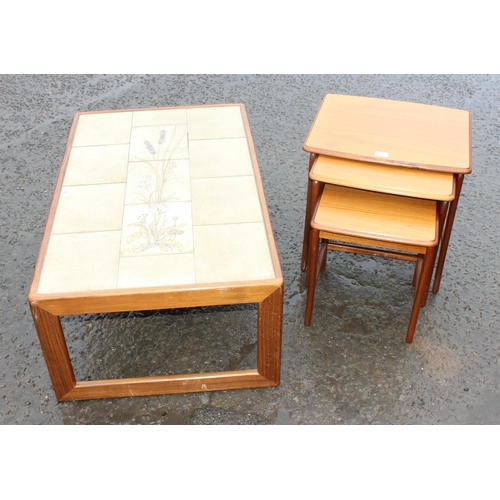 122 - Retro nest of tables, the largest approx 52cm wide x 45cm deep x 50cm tall and a retro tile topped c... 