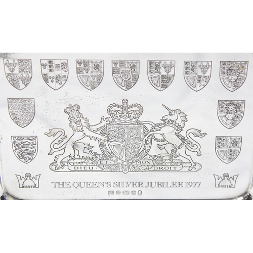 1082 - A large silver tray, Queen Elizabeth II silver jubilee tray engraved with various coats of arms, She... 