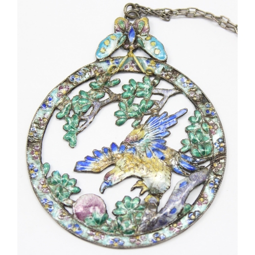 1145 - A vintage Chinese silver and enamel pendant on filigree chain, seemingly unmarked but XRF confirmed,... 