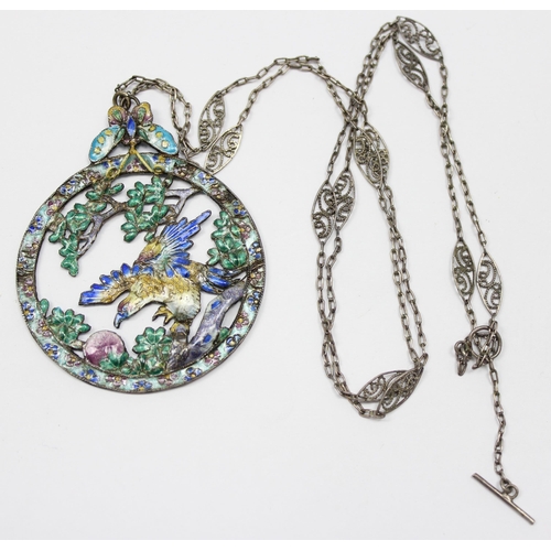 1145 - A vintage Chinese silver and enamel pendant on filigree chain, seemingly unmarked but XRF confirmed,... 