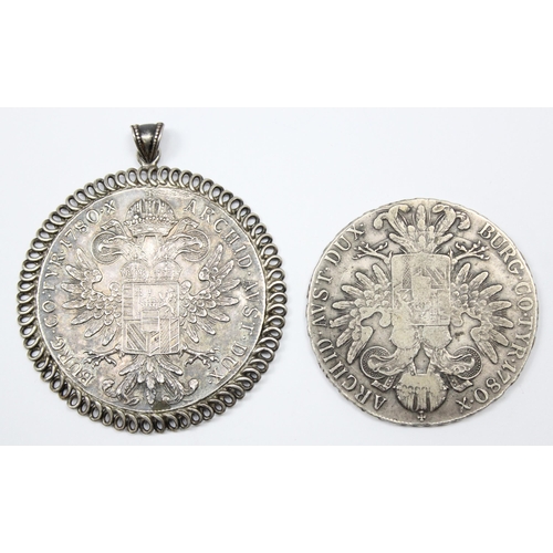 1208 - 2 silver Maria Theresia Thaler coins, one in decorative pendant mount, approx 59.92g gross