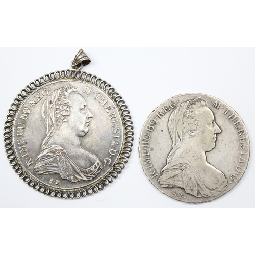 1208 - 2 silver Maria Theresia Thaler coins, one in decorative pendant mount, approx 59.92g gross