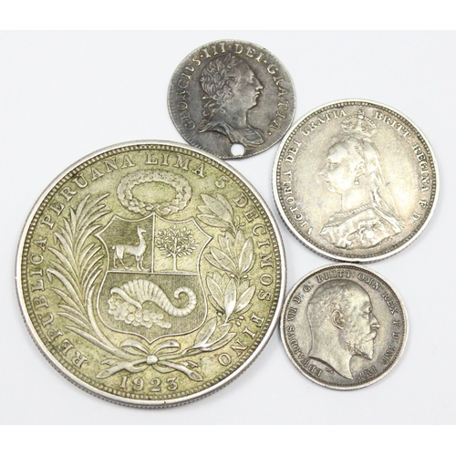 1246 - 4 assorted coins all with silver content to inc a 1923 Peruvian Un Sol, 1902 4d, 1887 Shilling & 176... 