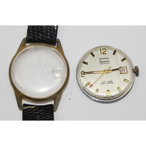 1302 - A vintage Roma Executive Datomatic wrist watch with leather strap and mechanical movement, gold plat... 