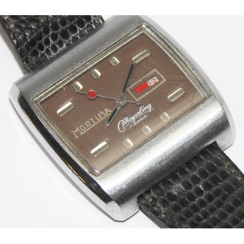 1309 - A retro Mortima Mayerling rectangular faced watch with baton numerals and date aperture, approx 36mm... 