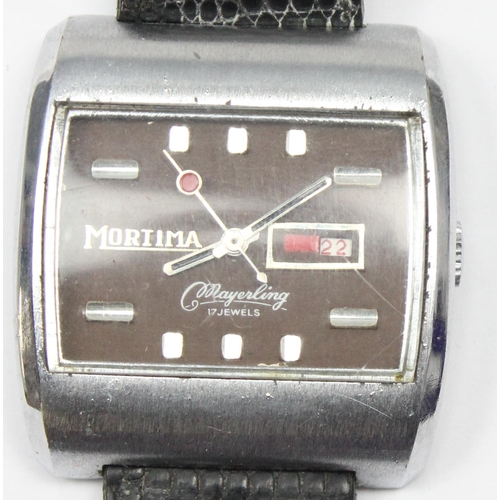 1309 - A retro Mortima Mayerling rectangular faced watch with baton numerals and date aperture, approx 36mm... 