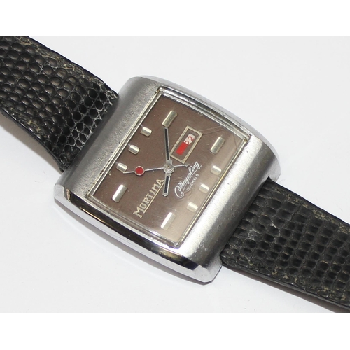 1309 - A retro Mortima Mayerling rectangular faced watch with baton numerals and date aperture, approx 36mm... 