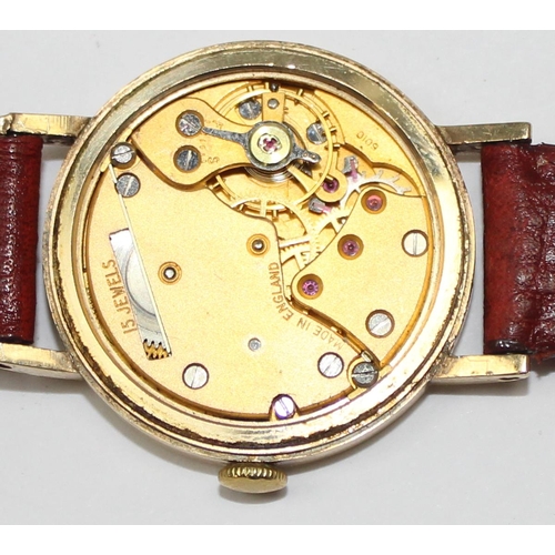 1314 - 9ct gold cased Smiths De Luxe wristwatch with leather strap, case marked for London date letter obsc... 