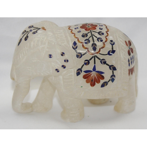 1605 - An Indian white marble and pietra dura inlaid model of an elephant and a further enamel model of a H... 