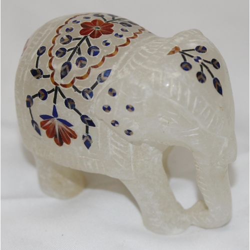 1605 - An Indian white marble and pietra dura inlaid model of an elephant and a further enamel model of a H... 