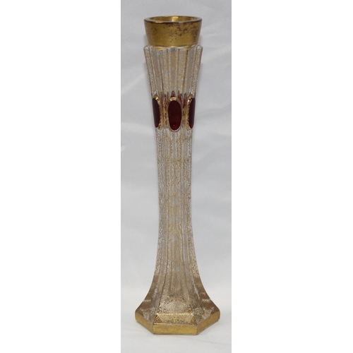 1620A - An interesting early 20th century glass bud vase with applied ruby glass cabochons and gilt decorati... 