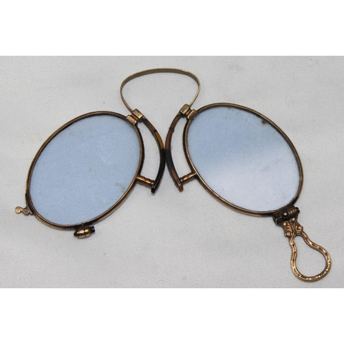 1673 - A pair of antique gold plated pince-nez folding glasses in case, a pair of faux tortoiseshell lorgne... 