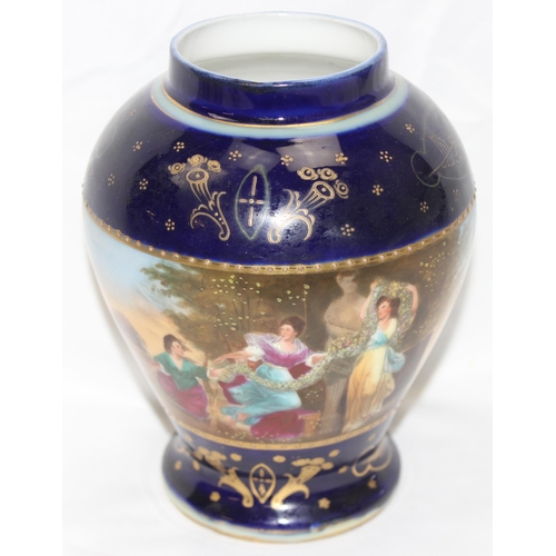 1685 - An antique ovoid vase in the manner of Royal Vienna, banded decoration depicting maidens on cobalt g... 