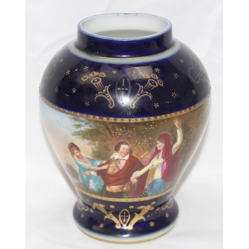 1685 - An antique ovoid vase in the manner of Royal Vienna, banded decoration depicting maidens on cobalt g... 