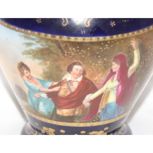 1685 - An antique ovoid vase in the manner of Royal Vienna, banded decoration depicting maidens on cobalt g... 