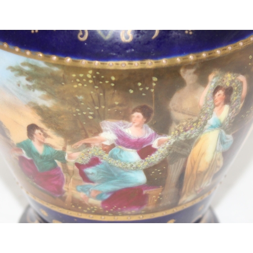 1685 - An antique ovoid vase in the manner of Royal Vienna, banded decoration depicting maidens on cobalt g... 