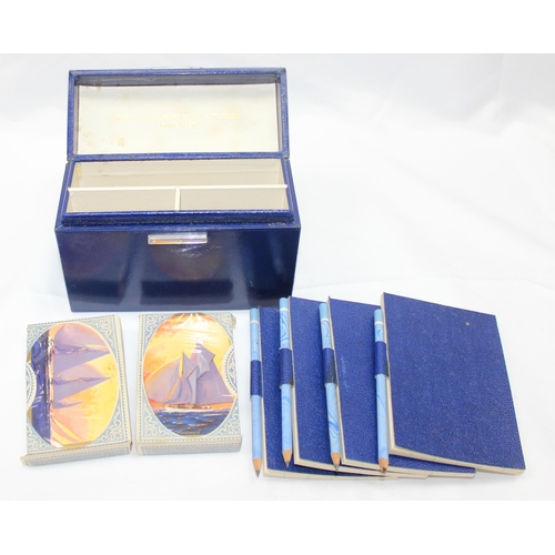 1692 - A superb quality Art Deco period blue & white leather cased bridge set, containing 2 unopened packs ... 