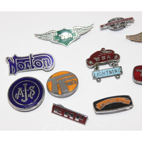 715 - Qty of assorted vintage enamel badges, mainly motorcycle related to inc BSA, Vincent, Norton, Honda ... 