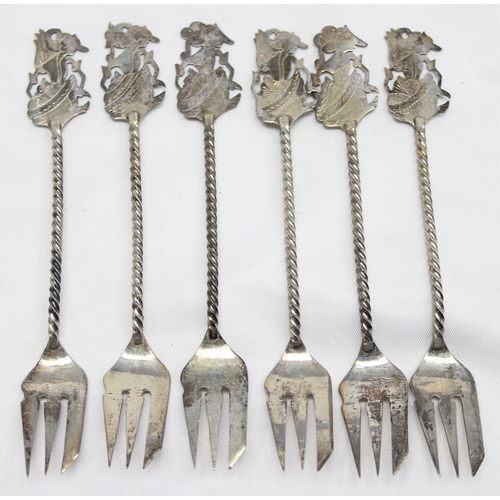 1013 - A set of 6 small 800 silver forks with figured terminals, possibly Thai, marked and XRF confirmed, a... 