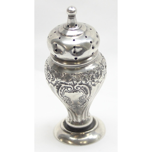 1054 - An antique embossed silver pepper pot, partial hallmarks to lid but XRF confirmed, c.1900, approx 51... 