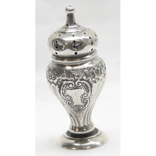 1054 - An antique embossed silver pepper pot, partial hallmarks to lid but XRF confirmed, c.1900, approx 51... 